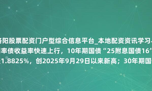 洛阳股票配资门户型综合信息平台_本地配资资讯学习与行情导航 银行间主要利率债收益率快速上行，10年期国债“25附息国债16”收益率上行2.1bp报1.8825%，创2025年9月29日以来新高；30年期国债“25超长相配国债06”收益率上行1.5bp报2.2990%，创2024年11月20日以来新高。